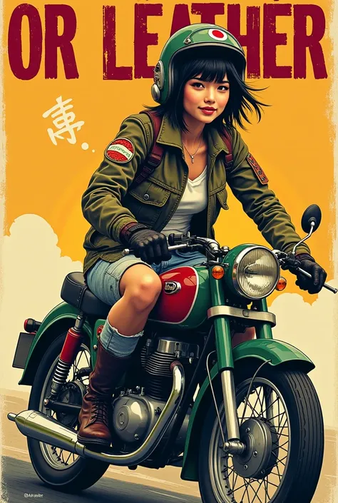 Pop Art style. A young, pretty, smiling Japanese woman with messy short black hair wears a stylish flight jacket with a Japanese flag patch on her shoulder, sturdy cargo pants, sturdy boots, a vintage helmet and gloves, and rides confidently on a vintage m...