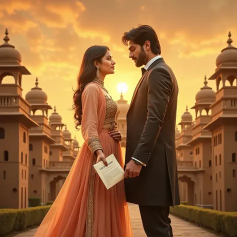 Design A Bollywood-style movie poster featuring a dramatic and romantic theme. The central focus is on two characters: Khanak Raizada, a young 21 years woman in an elegant, modernized ghagra choli in soft, warm colors, and Harshvardhan Singh Chauhan, a 24 ...