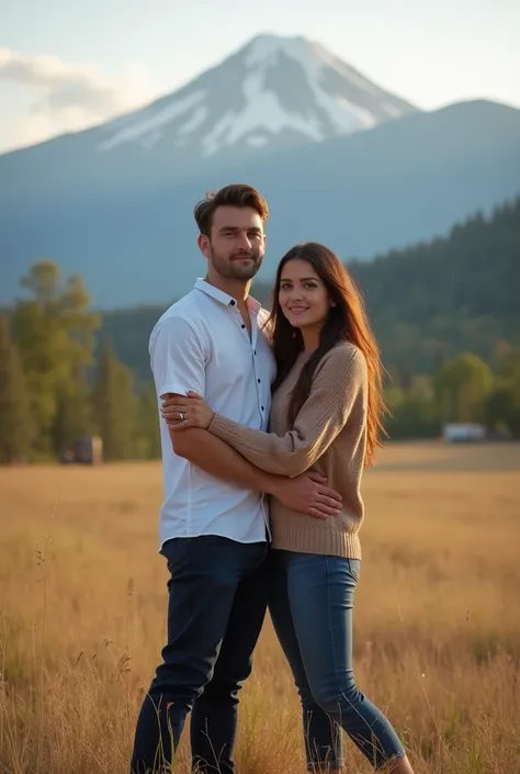 there are two people standing together in a field with a mountain in the background, lovely couple, couple, happy couple, couple pose, casual photography, portrait shot 8 k, background is heavenly, with mountains in the background, couples portrait, taken ...