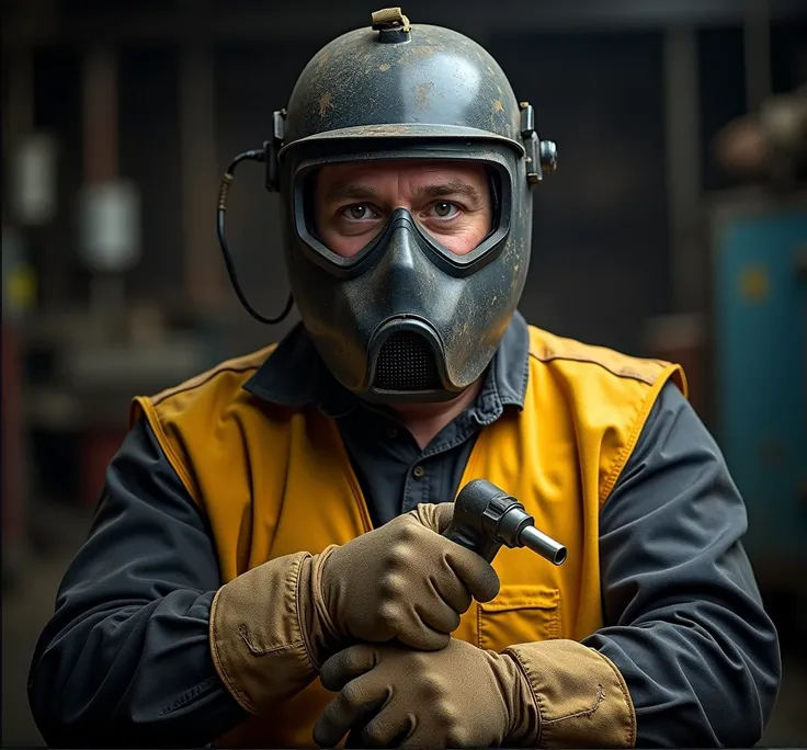 Create a man who works with welds and is all dirty . He wears Swarm A-10 Automatic Welding Mask - ESAB and is wearing an EPI glove.  He wears a black blouse and a yellow protective vest.  4K solder mask .  The professional is looking at the camera from the...