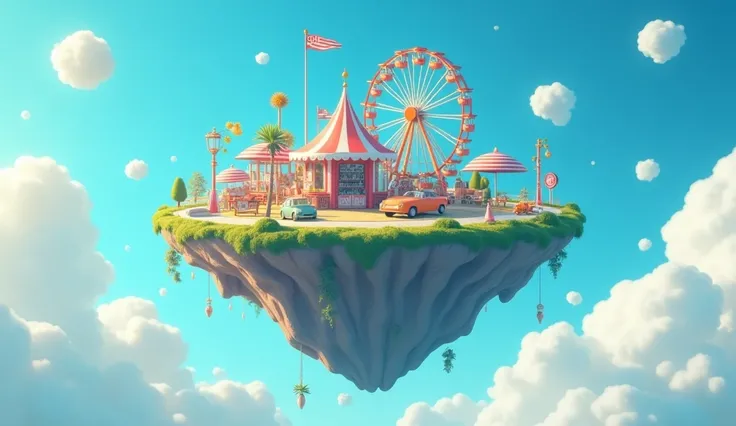 cinematic photo surreal, (floating island:1.2),blue sky  and cloud, The island suspended in the sky. rens amusement park, Ferris wheel, cute  car,road,  imaginative and colorful,front light,
insane intricate detail . 35mm photograph, film, bokeh, professio...