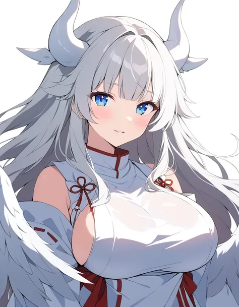 1girl, big breasts, solo, smile, (blue eyes), looking at viewer, blush, large breasts, (white hair), (long hair), upper body, bangs, parted lips, (miko),(gesugao), full body, seen from afar, covered breast, (white wings on the back), white horns