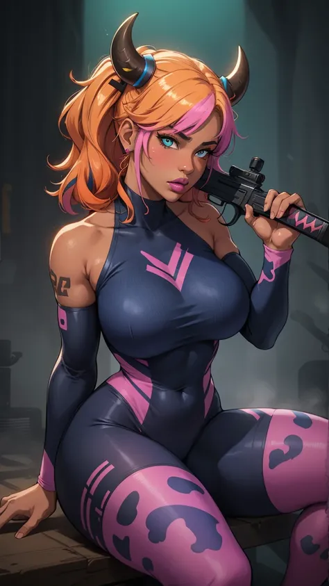 Fortnite skin, fortnite battle royal, fortnite action scene, dark skin girl wearing blue and pink print spandex body suite holding a smg gun in one hand and a glowing edged katana in the other hand. She has purple and orange two toned ombre hair. She is be...