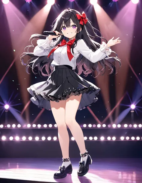 1girl, masterpiece, best quality, idol singer, purple eyes, black hair, frills, pleaded skirt, shoes, smile, cute face, stage, stage lights, cowboy shot, full body shot, solo, single, red bow, cheerful pose