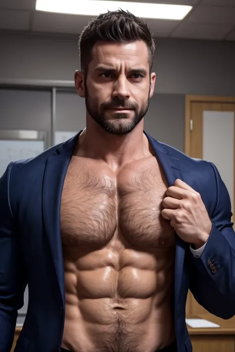 there are 2 men, 35 years old muscular teacher goese wild, wearing a suit shirt,   testosterone is overflow, he is very sadistic, he reincarnates, he is loved by demon,he become demon king, super hairy chest, ripped chest, working under stress, 