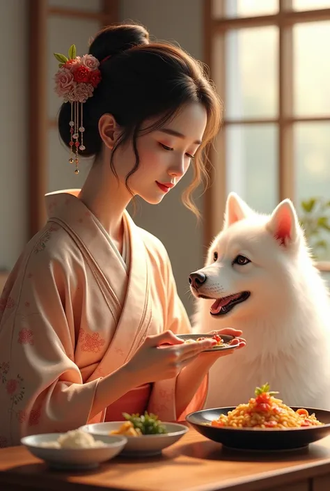  Japanese actress eating New Years food, a beautiful woman wearing a kimono　A white Samoyed dog is sitting next to her 