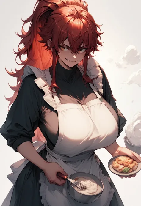 Akemi Aizawa, huge breasts, thick thighs, long red ponytail, apron, smirk