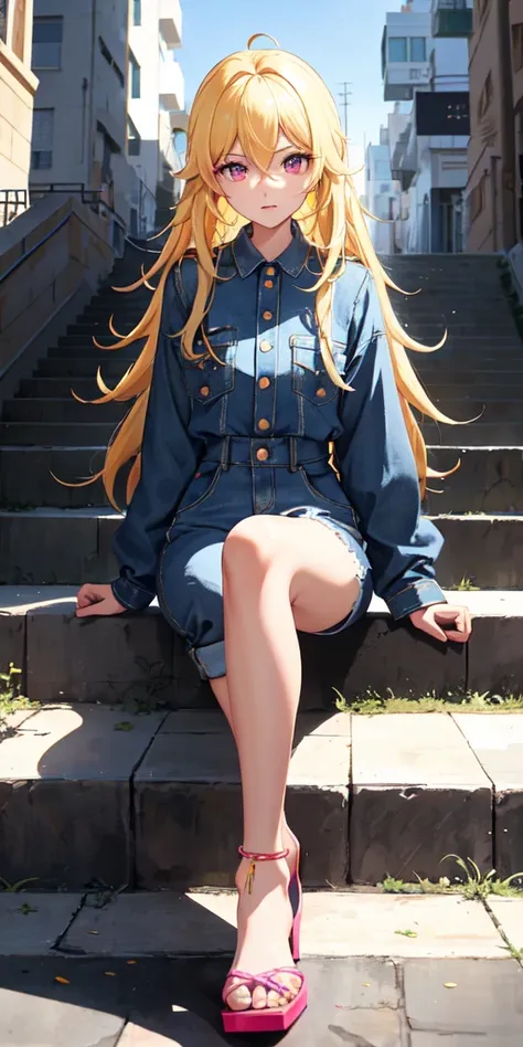  ورق الجدران, تباين عال, ملون,   anime one woman, tall,  unique,    ,   long Yellow hair ,sharp  pink eyes , luster,  multi-faceted perspective, Acute poetry,   wearing a short denim jumpsuit, sitting on .  stairs in the street. Anatomy is correct, Best qu...