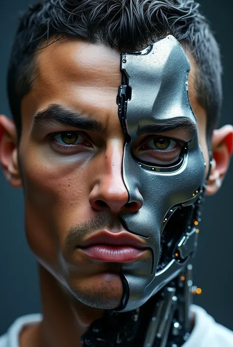 "A detailed close-up of Cristiano Ronaldos face. One half of his face is his real, human form, showing his iconic features with lifelike details. The other half transforms seamlessly into a futuristic robot, with glowing circuits, metallic textures, and ad...