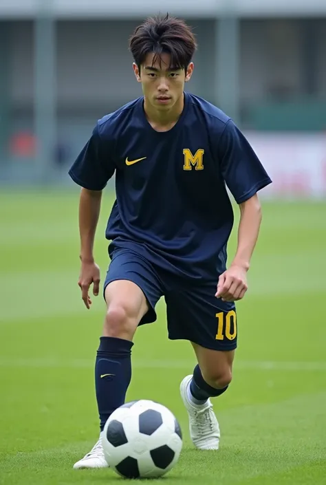 Japanese male, 20 years old, dark blue soccer jersey with sleeves rolled up to the shoulders,Written with the letter (M) in yellow on the left chest,Dark blue soccer pants with the number (10) written in yellow,Black 3/4 tight sports trousers,White soccer ...