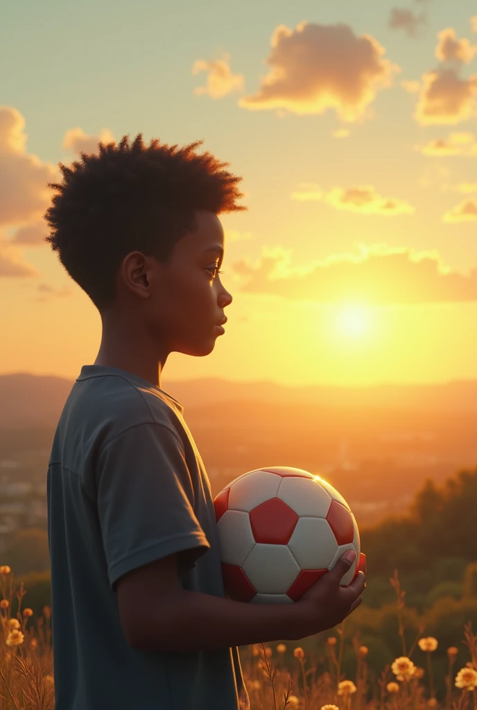  Create an image of a young black boy ,  looking at the horizon,  holding a ball.  Bring elements and symbols that demonstrate the dreams and goals of life. Make the image with the boy on the back .
