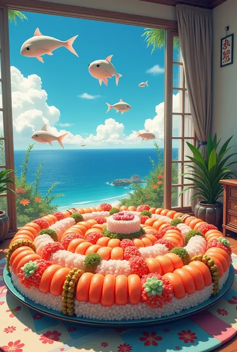  I have a bed with a round bed made of sushi  ,   This is a surreal painting inspired by Mike Winkelman, polycount,   Maximalism  , Fish floating in the bedroom ,  realistic room ,  Studio Ghiblis bedroom , hyper  Maximalism  ,  Pop Japonism 3D Super Preci...