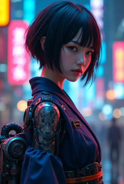 a beautiful cyberpunk girl wearing a yukata, highly detailed, intricate machinery and circuits visible underneath sheer fabric, glowing neon lights, dramatic lighting, cinematic composition, photorealistic, award winning digital art, 8k、fan、 Short Hairstyl...