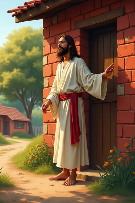 Jesus Christ, with beard,  long brown hair,  wearing simple white robes and a red ribbon tied around the waist . He is standing, barefoot,  slamming or gently touching a wooden door of a red brick house. The setting is calm and rural , with a dirt road ,  ...