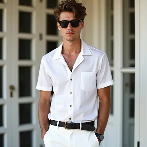 The image features a young man standing confidently with a sophisticated pose. He is dressed in a mostly white outfit consisting of a loosely buttoned polo shirt and well-fitted trousers, complemented by a dark, textured belt. His attire suggests a casual ...