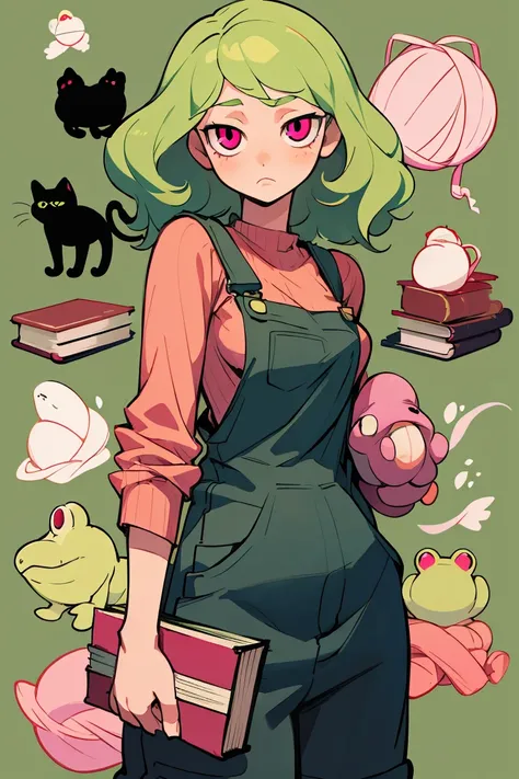 medium wavy green hair, pink eyes, small breasts, frog plushies, yarn, books, crafting supplies, dungarees, cottage background, cozy, black cat.