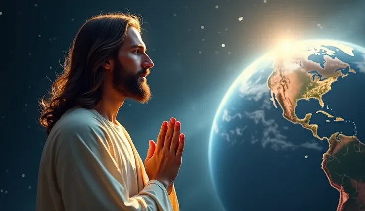 Create an awe-inspiring, realistic digital painting of Jesus Christ standing in profile, hands clasped together in a serene, reverent prayer pose. His detailed facial features should exude peace, compassion, and holiness, with soft golden light illuminatin...