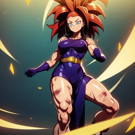 dbsuper style, 1
Girl, captain mizuki, green aura, super saiyans aura, belt, pointed ears, elf ears, Red colored hair, huge hair, bruise, bruise on face, clenched hands, frown, gloves, blue eyes, grey gloves, evil grin, medium breasts, Aura around her, sol...