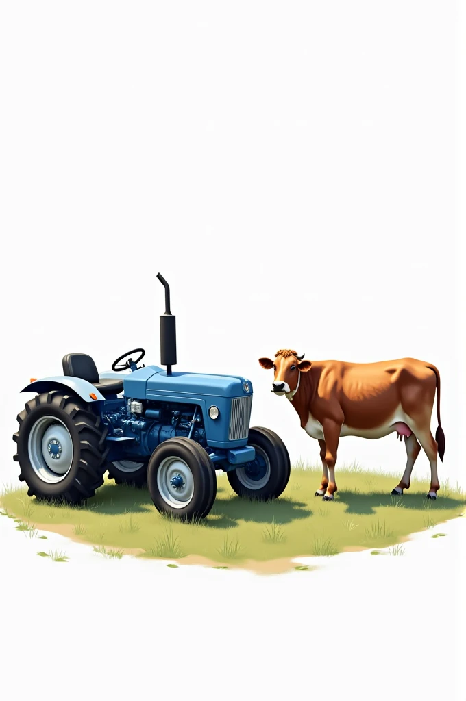 Illustration réaliste ,arrière plan  tracteur bleu,Vache, fond blanc dégradé. image entière 