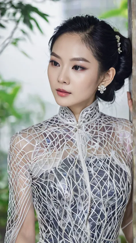 Portrait of a beautiful Thai-Japanese Asian model aged 23,  with light white skin ,  high-end makeup ,  wearing a ghostly patterned metal mesh dress , brilliant .  The girls hair gets fasten and do not use any accessories at all. Bối cảnh là sân chùa với k...