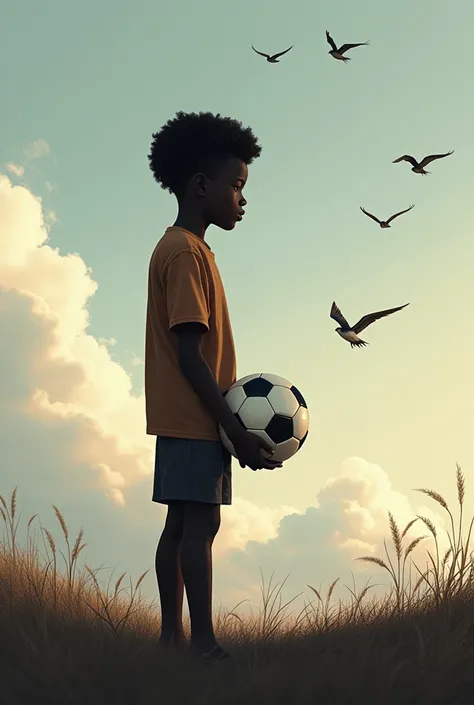  Create a rear view image, of a young black boy ,  looking at the horizon,  holding a soccer ball .  Bring elements and symbols that demonstrate the dreams and goals of life.

