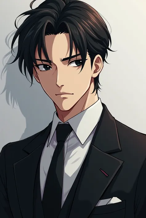 Handsome man with black hair, black eyes in suit anime