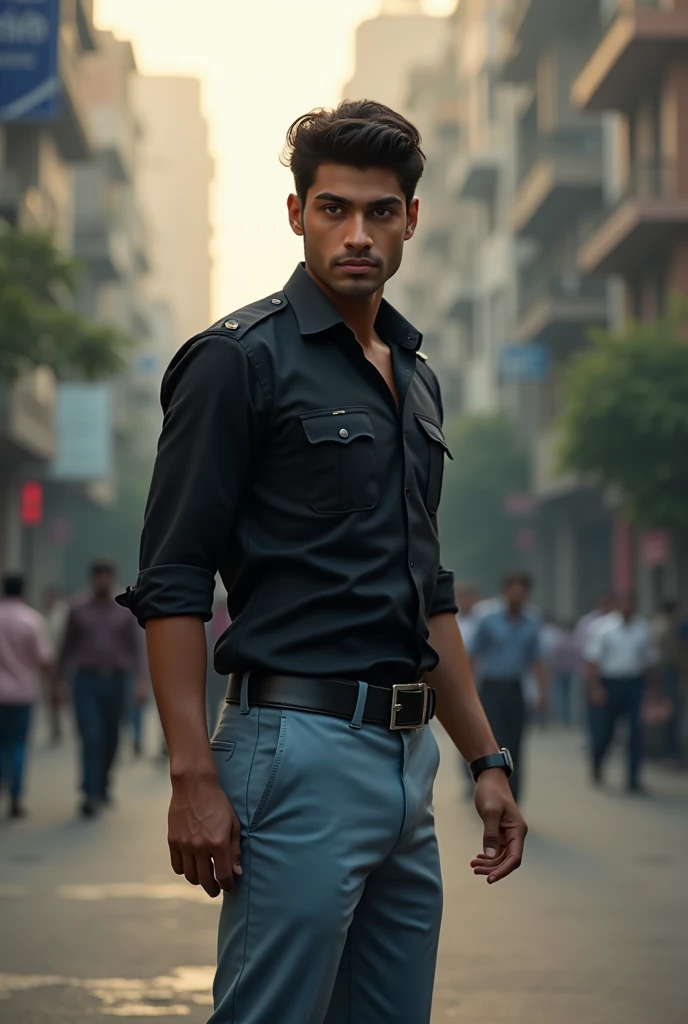 A Indian boy,age 21,A.C.P ,Wearing a Black Shirt & Sky Pant, The Officer name is VIKRAM BOSE,,he in murder spot,Background City,time Morning. Body figure Muscular fit.he is civil dress now realistic, 4k Quality attitude like Officer, Most serious face,crim...