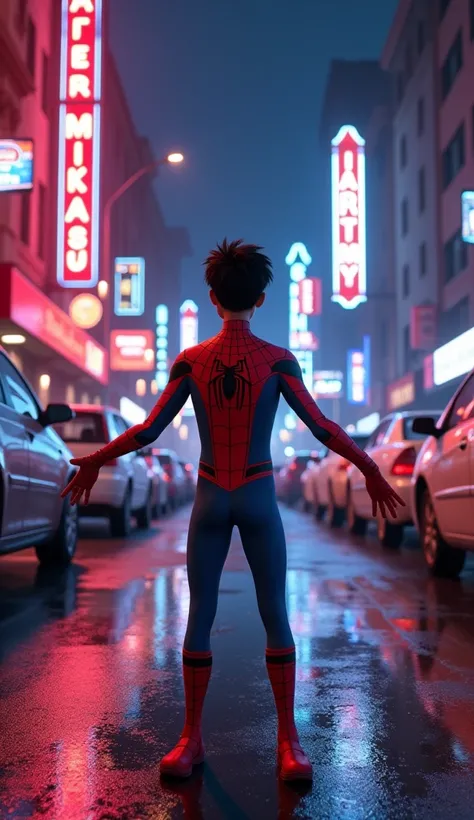 The image is a still shot from Spider-Man : Into the Spider-Verse. . It shows the main character, Miles Morales, standing in the middle of the frame with his arms extended in front of him.  buildings. He wears his famous red and blue suit with a grid patte...