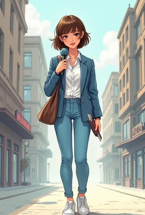  realistic illustration of a beautiful 22-year-old girl , head with a long shape , with short brown hair with fringes ,long nose  , straight brown eyebrows  , full lips,tez morena,She works as a journalist , measures 1 .60, he holds a microphone in his lef...