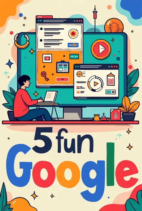 "A vibrant and colorful thumbnail design showcasing 5 Fun Google Tricks. The background should be playful and eye-catching, with fun elements like Google Doodles, search bars, and icons symbolizing Google features. The word Google should be written in bold...