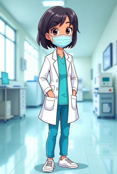 Cartoon woman short hair , white jacket, blue pants, white sneakers,  mask and hospital gown 