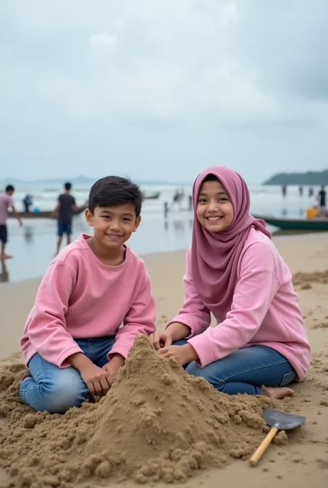  Original photo of a pair of year-old Indonesian teenagers .  wearing pink sweatshirt ,  the woman is wearing a long-sleeved T-shirt and hijab .  They pose sitting on the beach sand while making a small mountain out of sand with tools.  with beach backgrou...