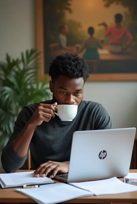 Image dun étudiant africain  âgé de 20 ans avec une coiffure simple buvant son café et est entrain de lire son logiciel SPSS sur son ordinateur Hp  de façon visible et sur un tableau également 