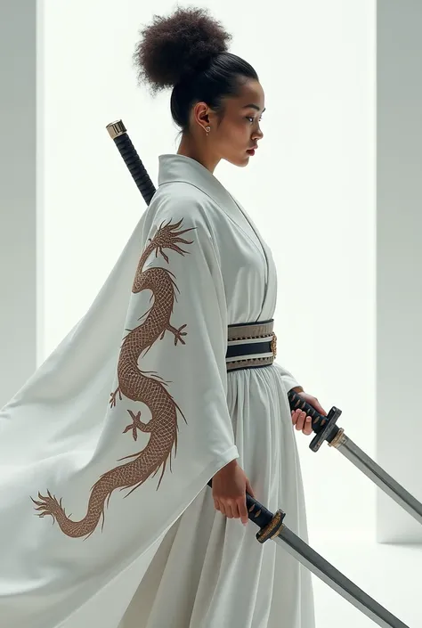 female samurai with afro buns, dressed in purely white kimono with Japanese dragon in it, holding two katanas