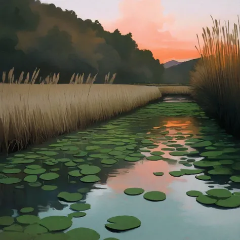 Serene sunset over a calm river with lily pads. Reeds in the foreground. Impressionistic, painterly style. Digital painting. cool color palette stylized. digital Art Style: smooth Expressive cute watercolor, muted tones, likely influenced by anime/manga an...