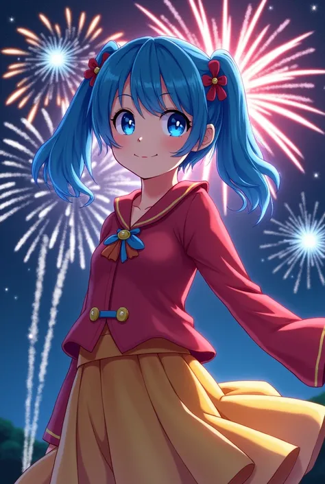 2D blue eyes 、 blue hair twin tails 、 red clothes and yellow skirt、 night fireworks display 。