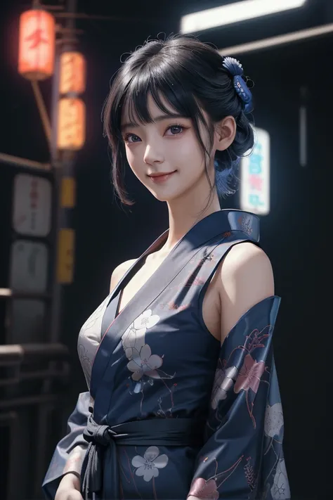  a beautiful cyberpunk girl wearing a yukata, highly detailed, intricate machinery and circuits visible underneath sheer fabric, glowing neon lights, dramatic lighting, cinematic composition, photorealistic, award winning digital art, 8k、fan、 Short Hairsty...