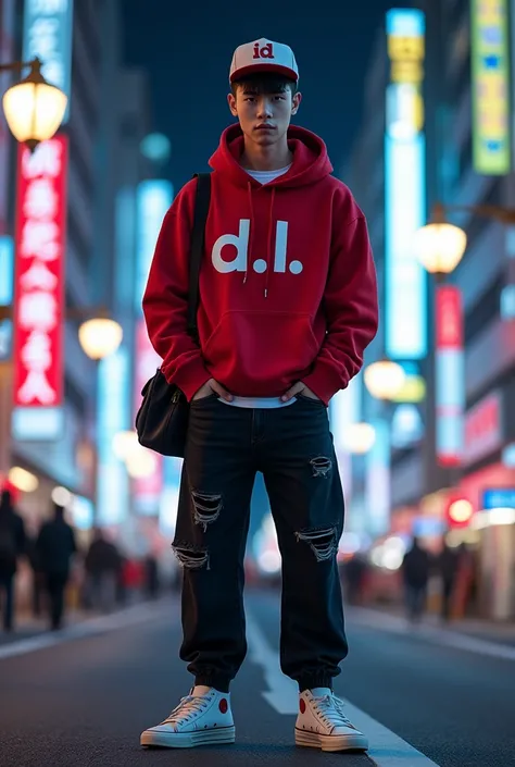 Street style portrait of 25 year old Asian man, Handsome detailed white skin, short hair, snapback hat,wearing a red hoodie with the letters "D.L、T-shirt with this image。Coordinate with long ripped black jeans and high-top sneakers, carrying a bag standing...