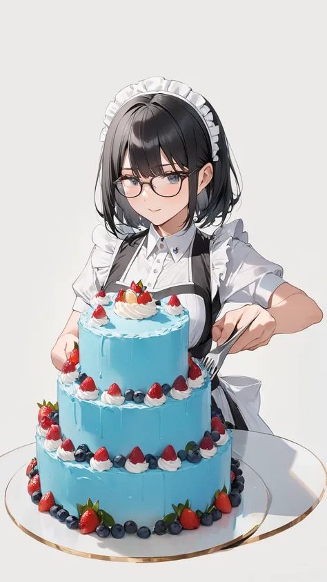 Black hair, glasses, maid uniform, cutting the cake