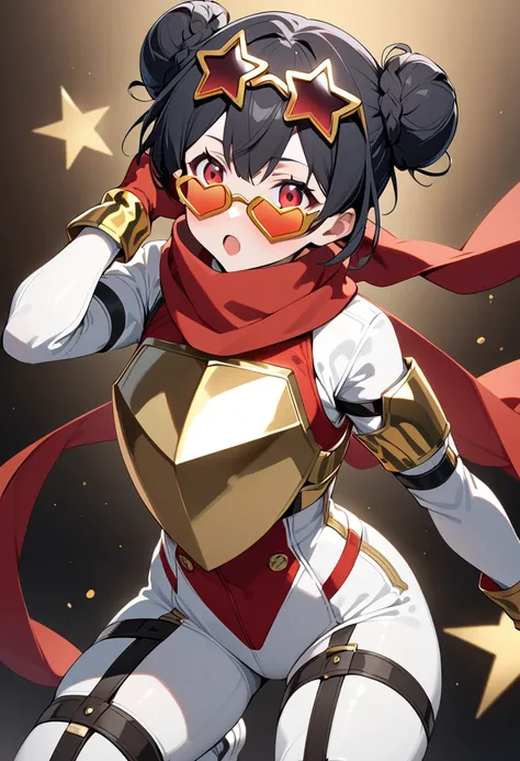 Black hair, double bun, red eyes, red scarf, white bosysuit, red vest, camouflage gloves, thigh straps, star-shaped glasses, v-shaped gold breastplate