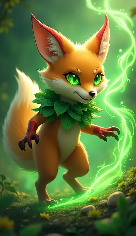 create 32k image of a dangerous hybrid fusion between a Fox, Apple, and Spinach. The creature blends the fox’s agile body with the vibrant, fresh green of spinach and the crisp, bright red hues of apples. The fox’s fur is a unique mix of golden fur with ap...