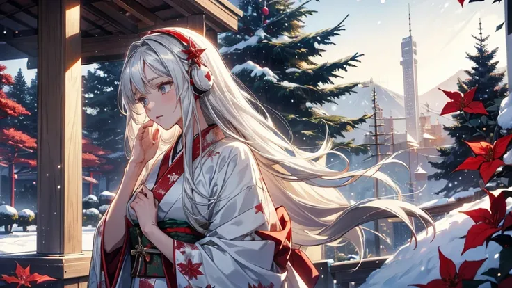 Listening to music on headphones. Beautiful adult woman in kimono with long silver hair. Snowy landscape. Red and white poinsettia. No hands in sight. Illuminated Christmas tree. Japanese anime style.