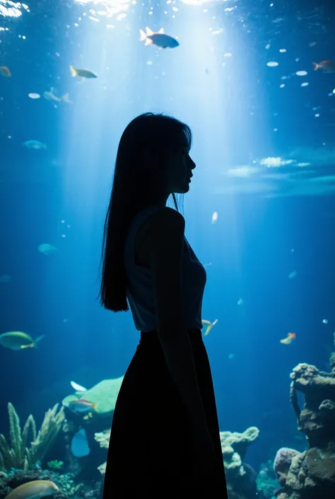 asian girl shadow from back looking at aquarium