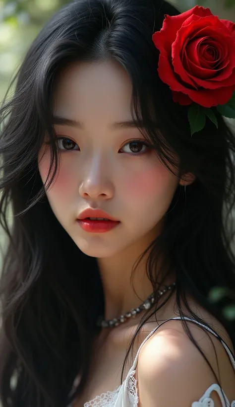 The girl has long black hair wearing a red rose