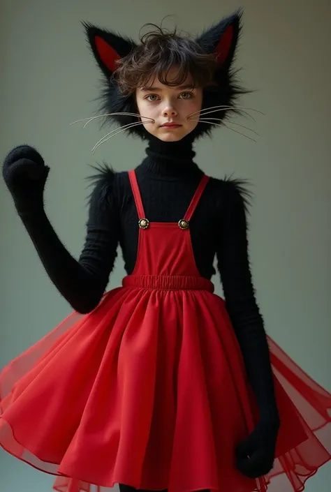 A young man wearing a black cat pet suit wearing a red dress