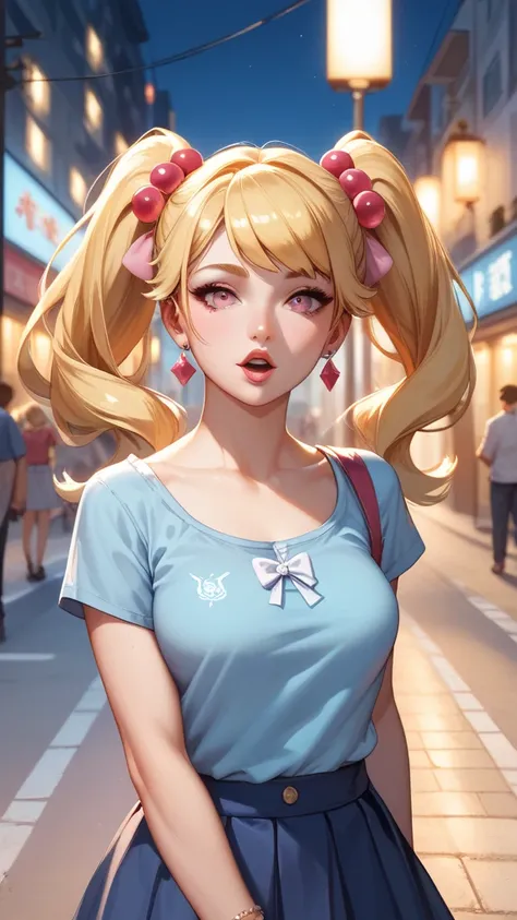  one girl, High resolution, unique, long  yellow hair,  looks at the scenes , Yellow hair, red , Hair ornament,  double ponytail , pink eyes, open lips, A faint laugh , Great work,  blue blouse, on Tokyo street, best quality street lights, Great work,  vei...