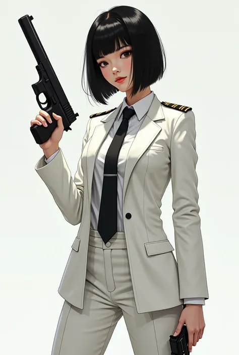  Create a skinny twenty-something Korean girl , short straight black hair,  thin but strong through military training .  White clothing with a pistol in one hand , And a small gun in the shin ,  the clothes are formal but with the weapons because she is on...