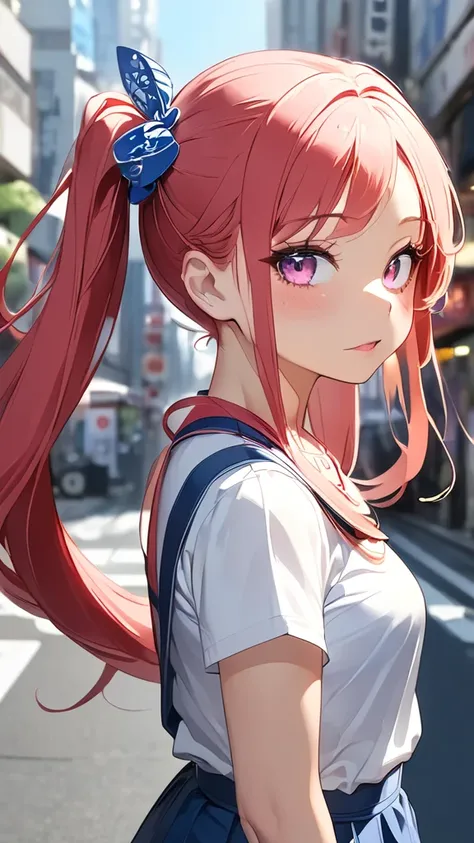  one girl, High resolution, unique, long hair,  looks at the scenes , Yellow hair, red , Hair ornament,  double ponytail , pink eyes, open lips, A faint laugh , Great work,  blue blouse, on Tokyo street, best quality street lights, Great work,  veins , ins...