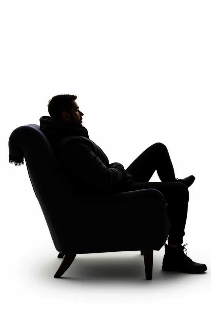 Full black silhouette of a man wearing warm clothes and relaxing in a comfortable chair, side full body view, white background