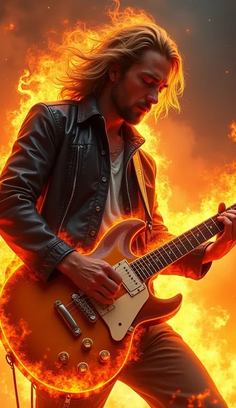 Close up of a person with a guitar in fire, 80s style Thomas Allen Cooper, just a joke, very high quality artwork, epic sci-fi fantasy drawing, background artwork, 4k high detail digital art, 4k ultra hd wallpaper, epic sci-fi art, awesome composition, gui...